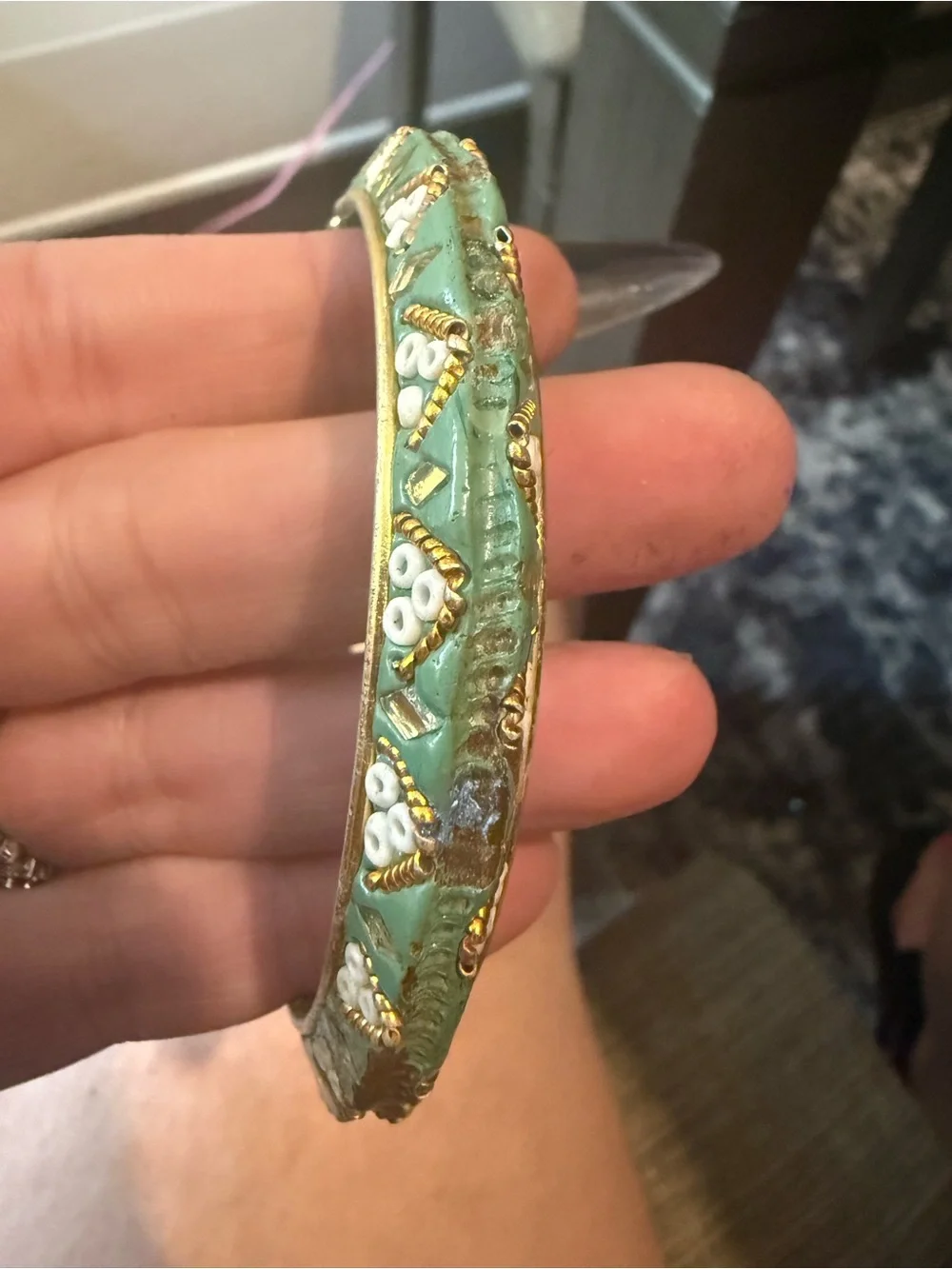 Green Enamel and Gold Accent Bangle Bracelet